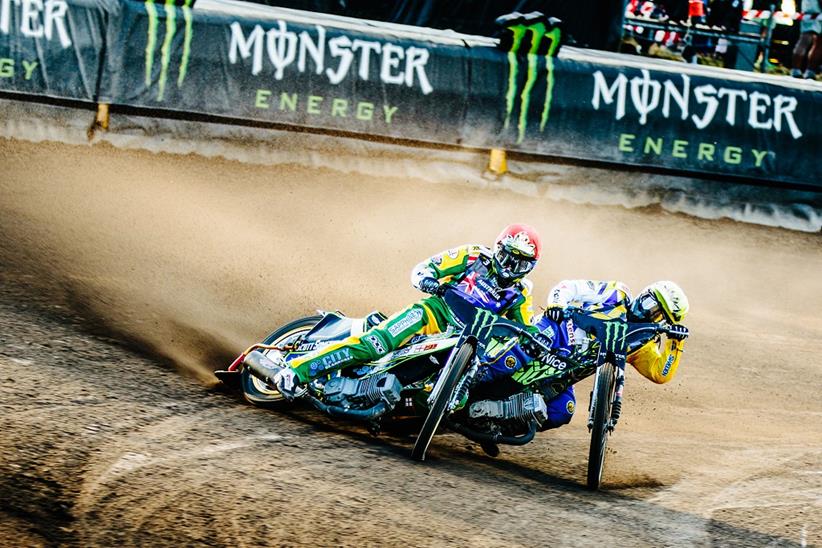 Australian youngster Max Fricke (red helmet) beat Lindback in Heat 1 and could be a threat on his home club's track in Manchester