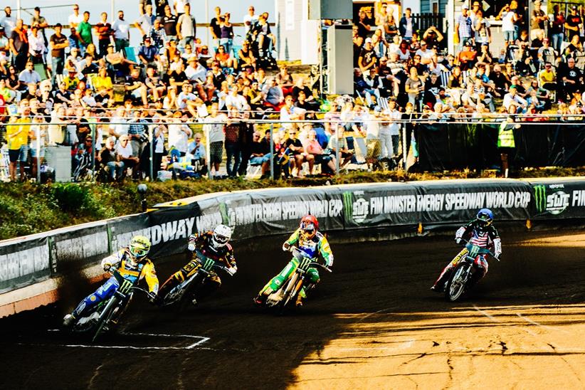 Antonio Lindback (yellow helmet) led the way as Sweden made it through to the Speedway World Cup Final