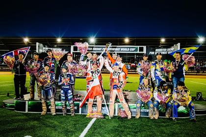 The Polish team (centre) celebrate Speedway World Cup victory. The British team (left) display their pride. The third-placed Swedes look disconsolate