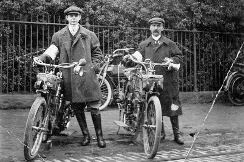 Newcastle motorbike pioneer JR Moore pictured with 'Syd' Clarke in 1906.