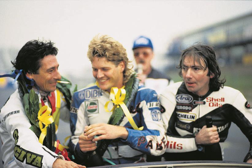 With Lucchinelli and Dunlop at the first ever WSB meeting at Donington in 1988.