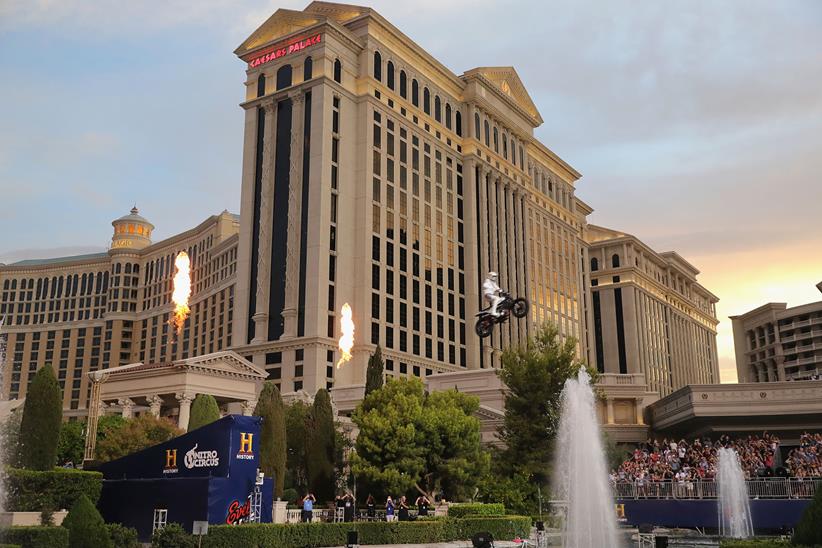 Travis Pastrana jumps the fountains at Caesar's Palace