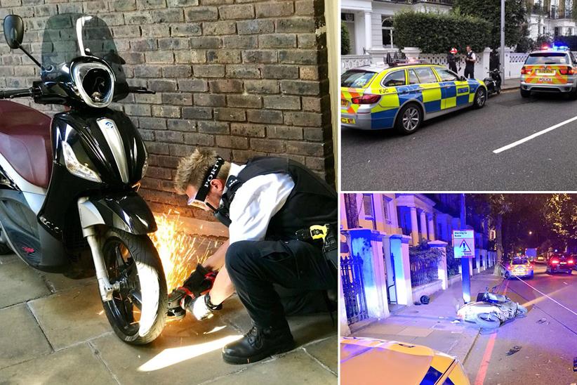 Islington police 'steal back' a Scooter (left); Rider has bike seized for no insurance (top right); bike stopped for riding at speed on the pavement (bottom right) 