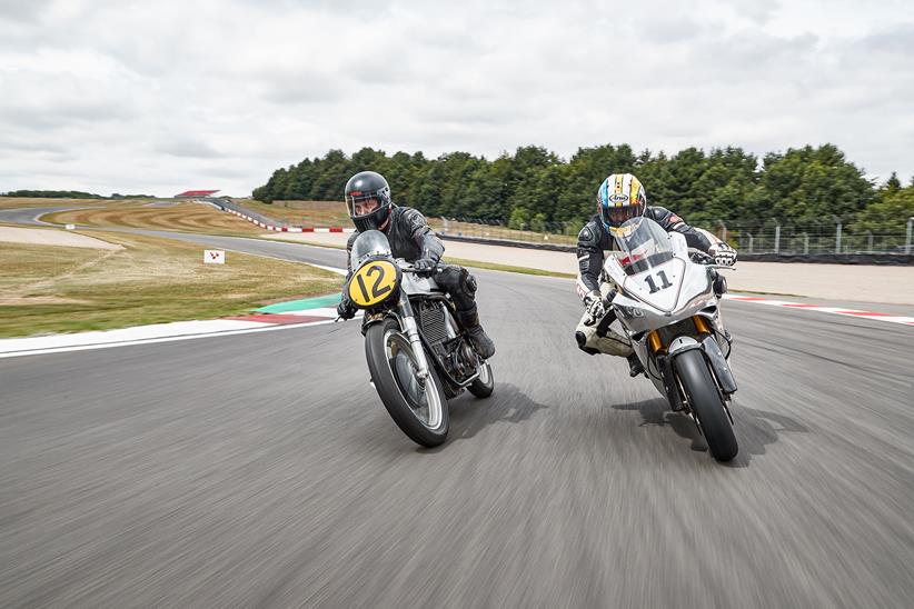 The current Norton SG7 and the 1953 Manx on track together