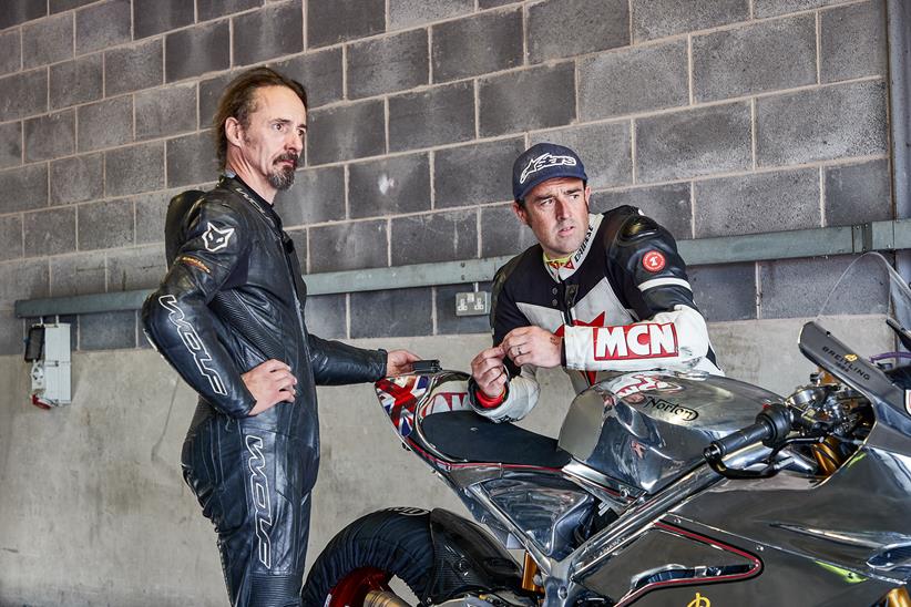 MCN's Adam Child and original Manx Norton owner Ian Bain 