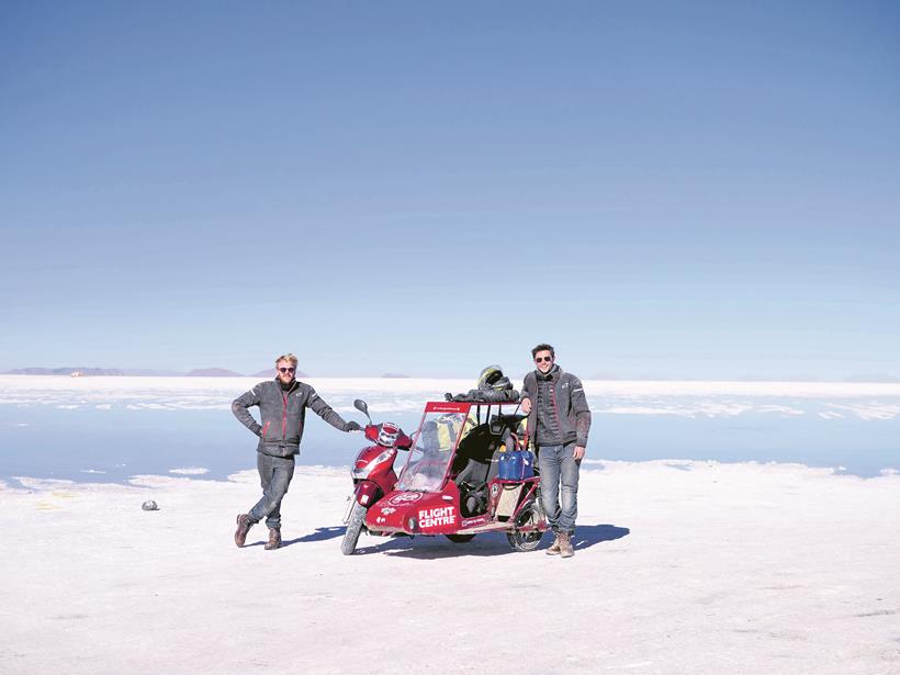 The scooter and sidecar on the salt flats