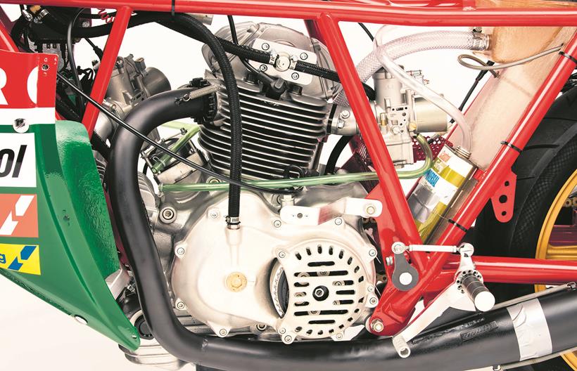 The bevel-drive twin is identical to Hailwood's bike