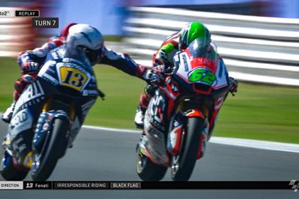 Romano Fenati grabs Stefano Manzi's front brake at Misano