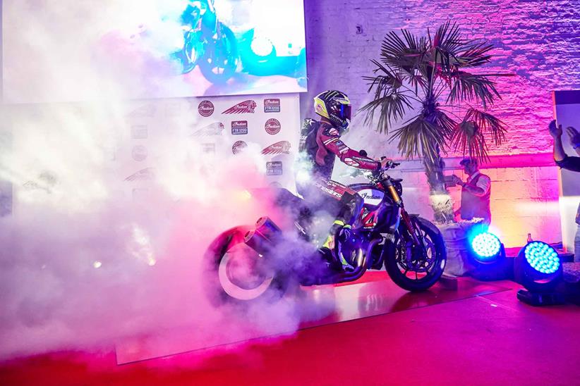 Dirt track racer Jared Mees does a burnout on the new Indian FTR1200