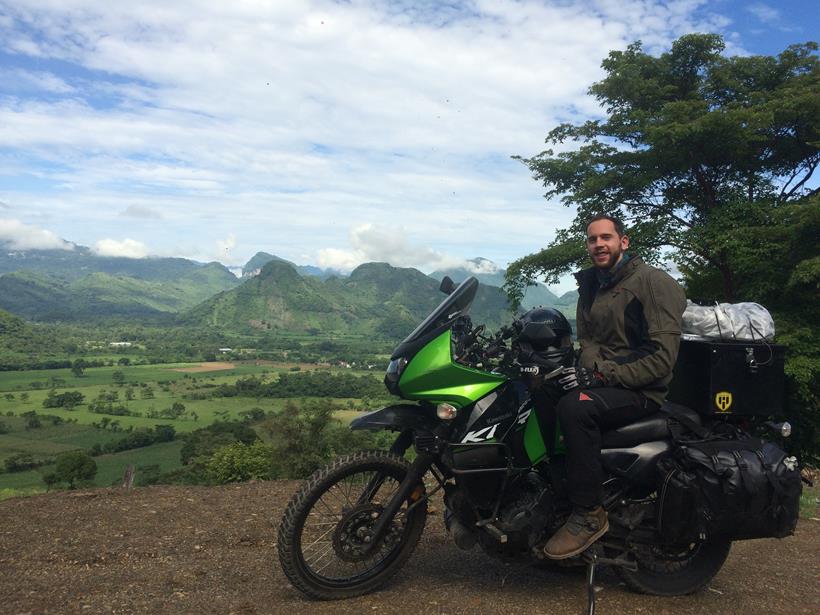 Kelias Visor Clear inventor Elijah Anisovets with his Kawasaki KLR650