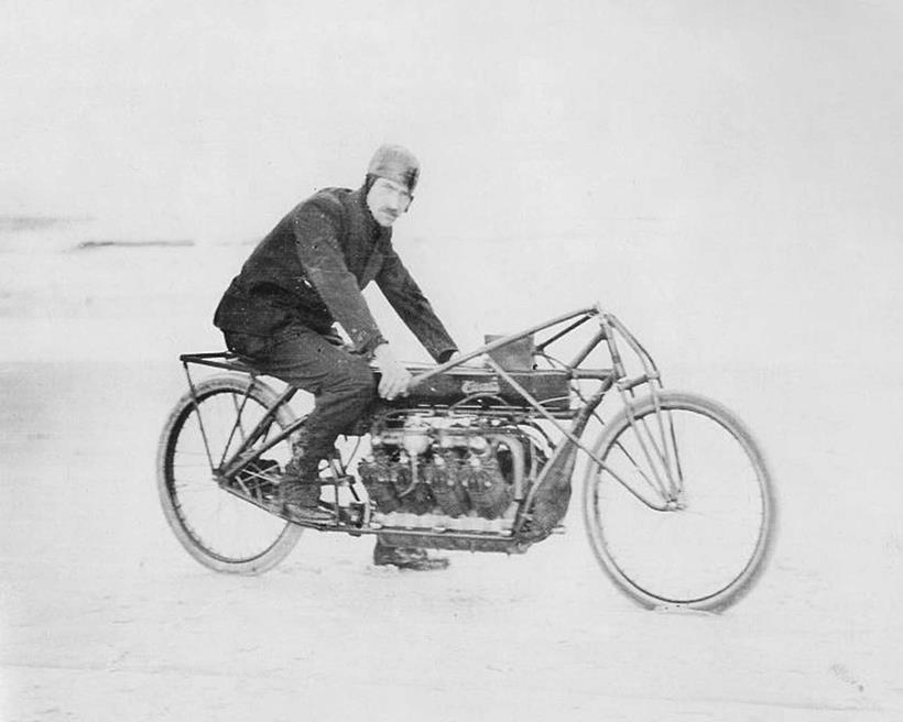 Glenn Curtiss astride his V8 motorbike in 1907