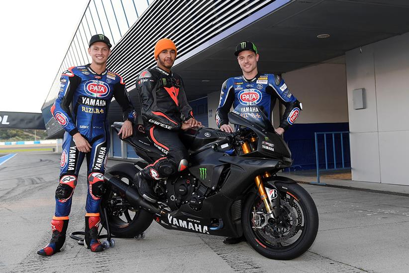 Lewis Hamilton with WSB riders Alex Lowes and Michael van der Mark