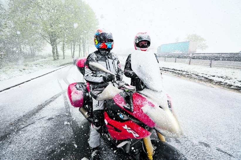 MCN testers Michael Neeves and Bruce Dunn brave the snow