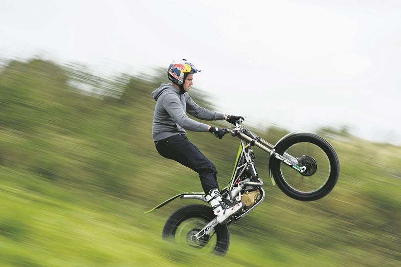 Lampkin pulls a wheelie on a Vertigo trials bike