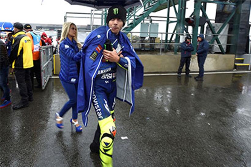 A damp Valentino Rossi at the Bristish Grand Prix that never was