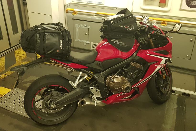 Honda CBR650R in the Channel Tunnel with luggage