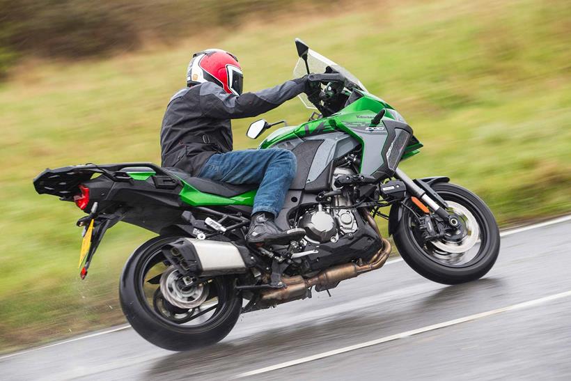 A rear cornering shot of the Kawasaki Versys 1000 SE