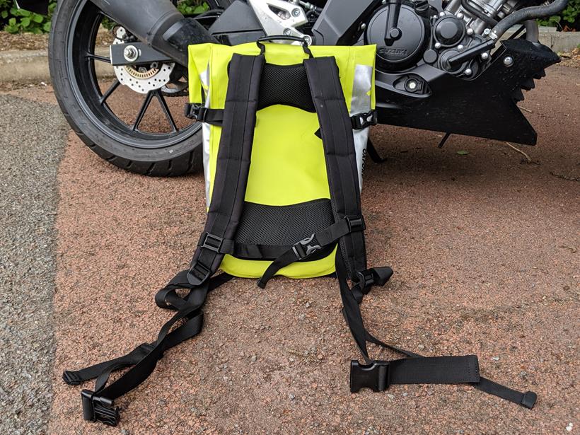 The shoulder, waist and chest straps help keep the £49.99 AquaV20 rolltop bag secure while learning to ride a motorbike.