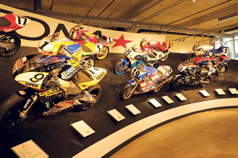 AMA racing collection: sitting proud at the front is Freddie Spencer’s 1992 Two Brothers RC30, the bike he raced in AMA to try and rebuild his career after 500cc Grand Prix. It’s flanked by a Buell 1125R and a Harley VR1000;  two superbikes never raced on these shores