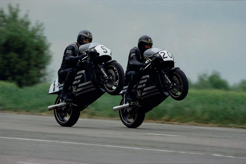 Trevor Nation and Steve Spray wheelie their Nortons