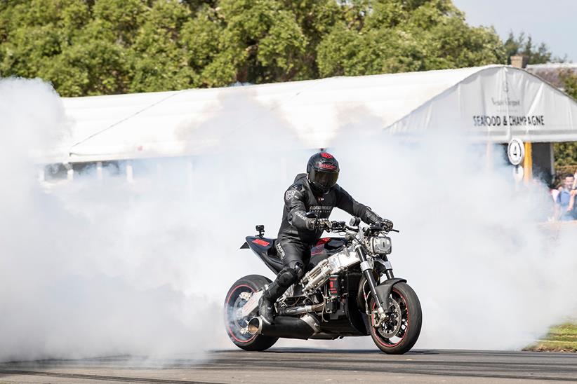 Zef Eisenberg rides a naked jet turbine bike at the Festival of Speed