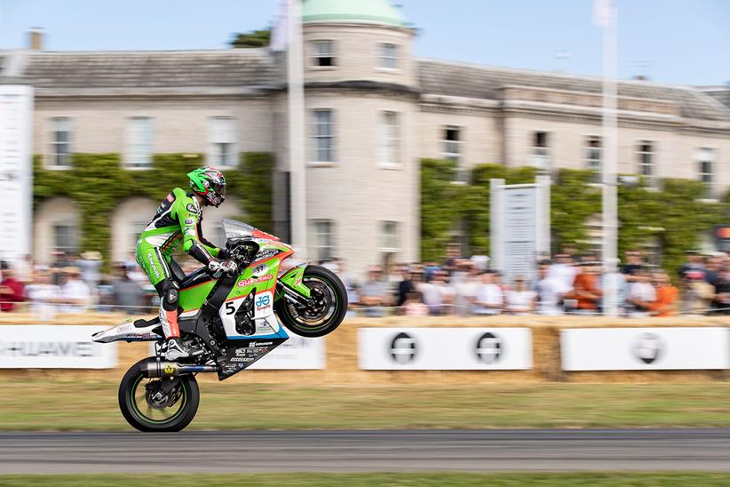 James Hillier pulls a wheelie at the Goodwood Festival of Speed