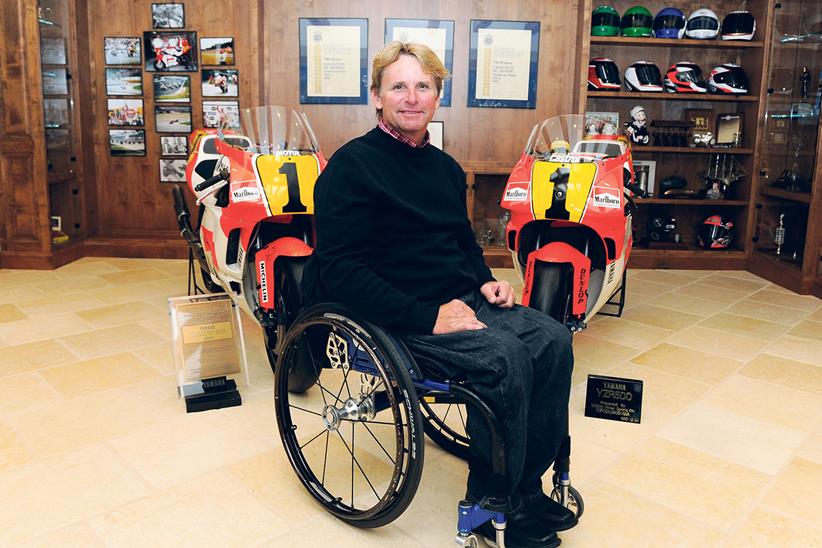 Wayne Rainey with two of his Yamaha YZR500 race bikes