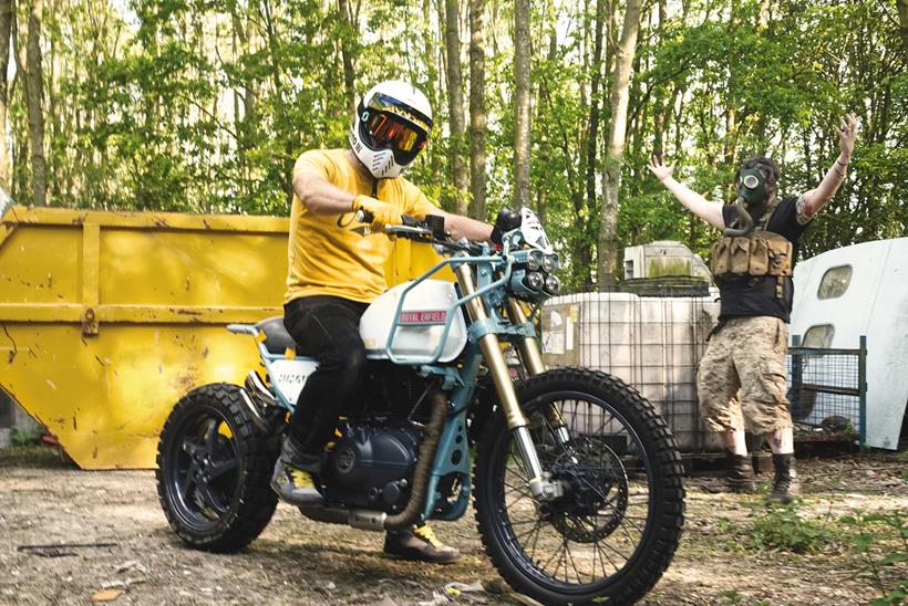 MJR Roach Royal Enfield Himalayan with passer-by and skip