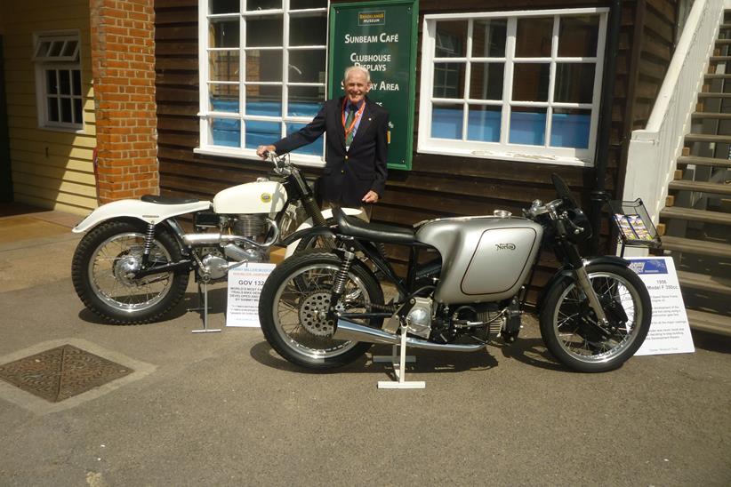 Sammy Miller MBE outside Sunbeam Cafe, Brooklands