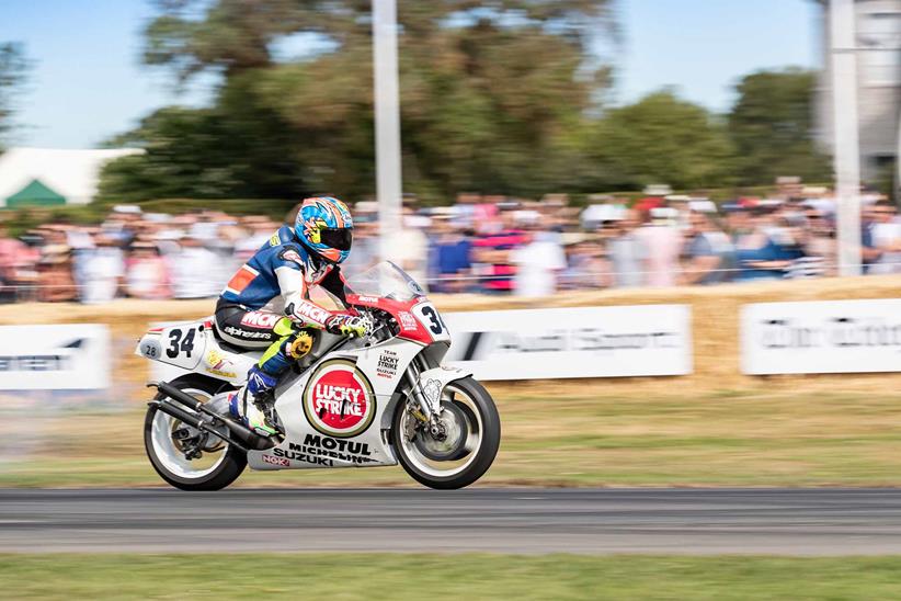 Riding Schwantz's 1993 winning RGV500 at Goodwood