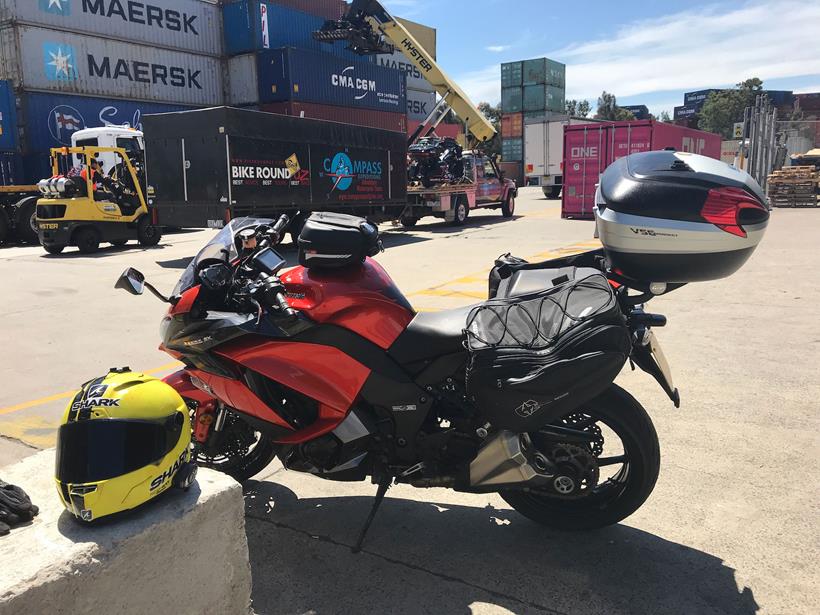 Simon Weir collecting his Kawasaki Z1000SX from the docks