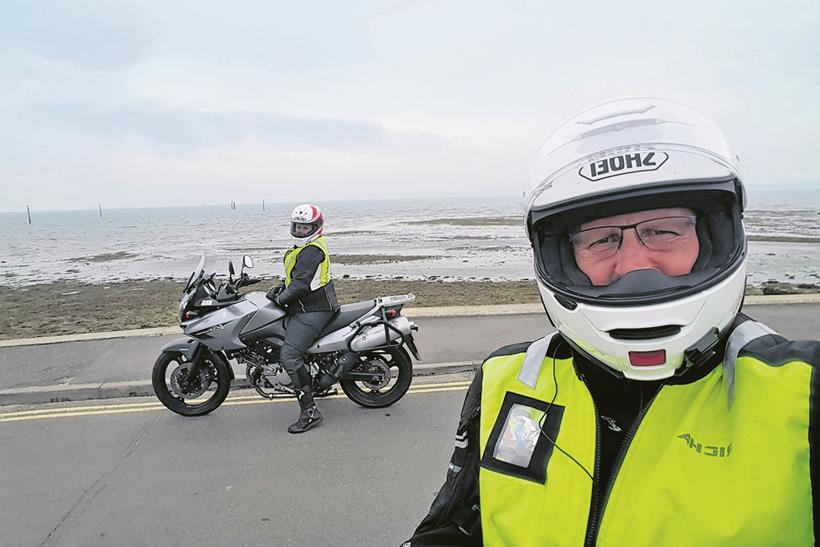 Martin Potts and daughter Clare on her uncle's V-Strom