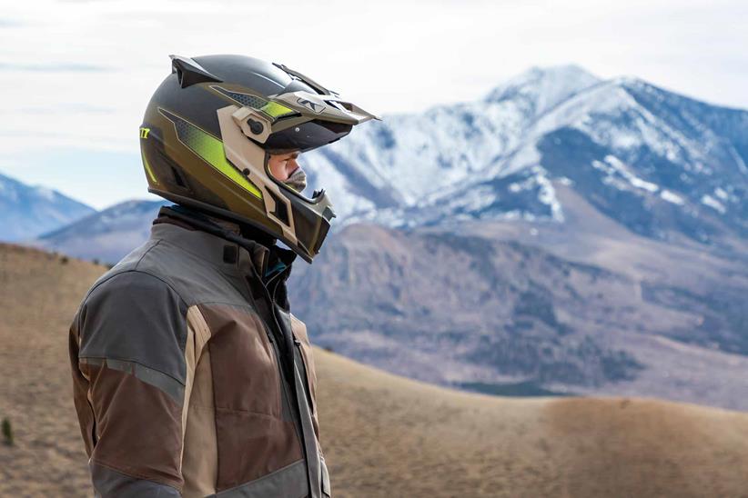 A side view of the Klim F5 adventure helmet