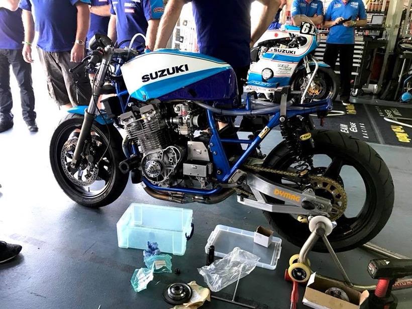 The Suzuki Katana on its paddock stand