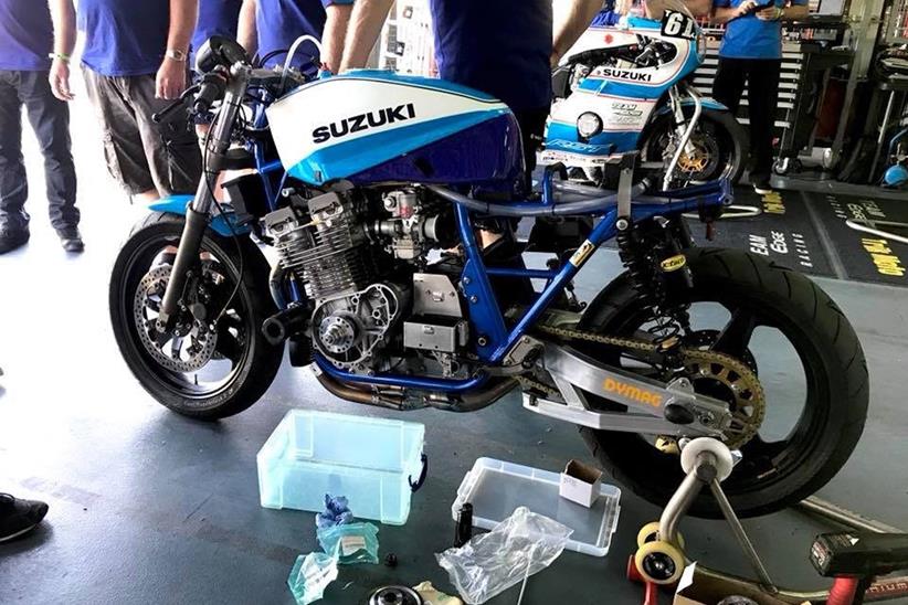 The Suzuki Katana on its paddock stand