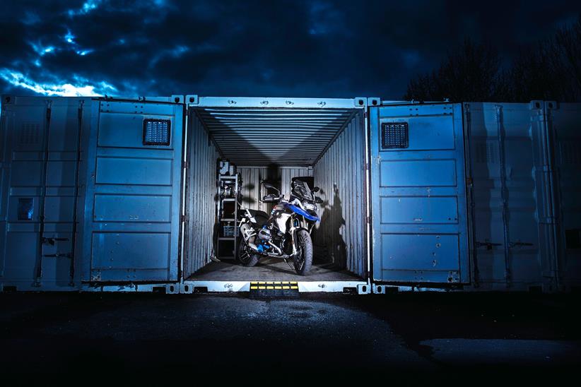 A BMW GS in a container