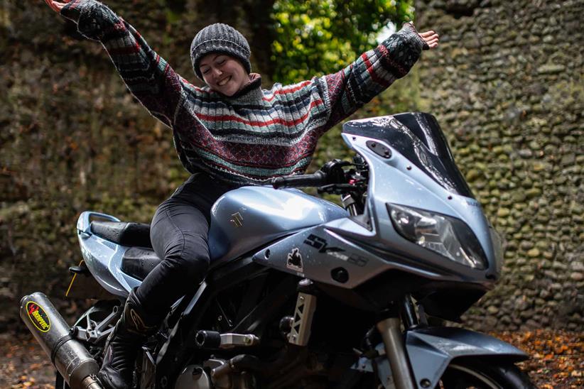 Tori Allen with her Suzuki SV650S. Credit: Tommy Grimmer