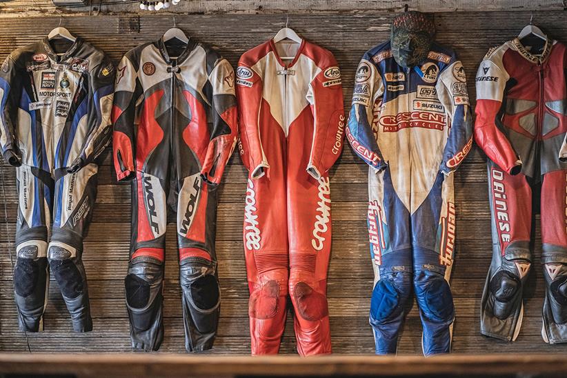 Titch's old race suits from his time in the Marines