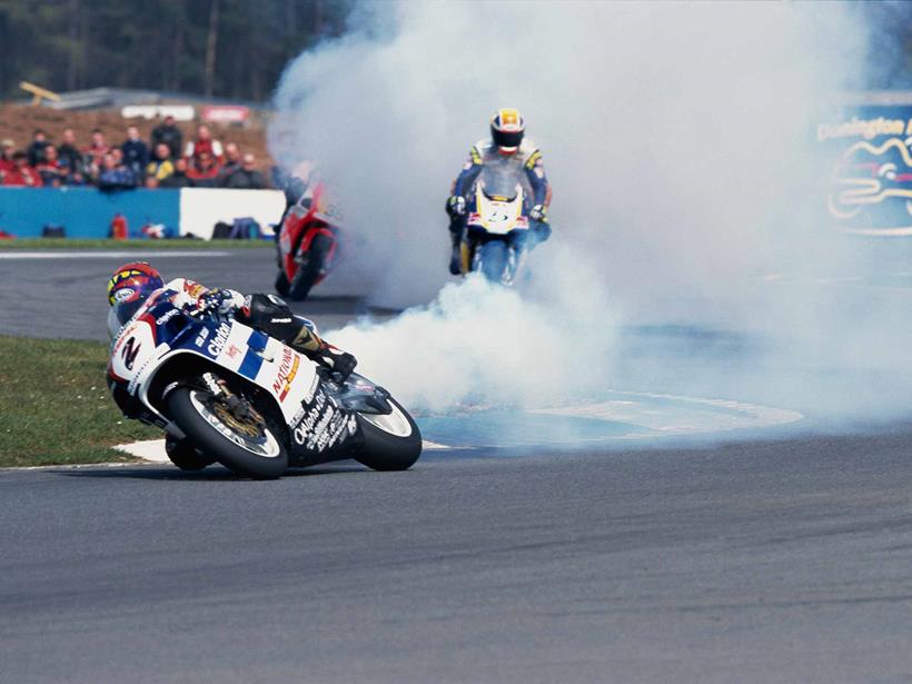 Chris Walker's bike lets go at Donington Park