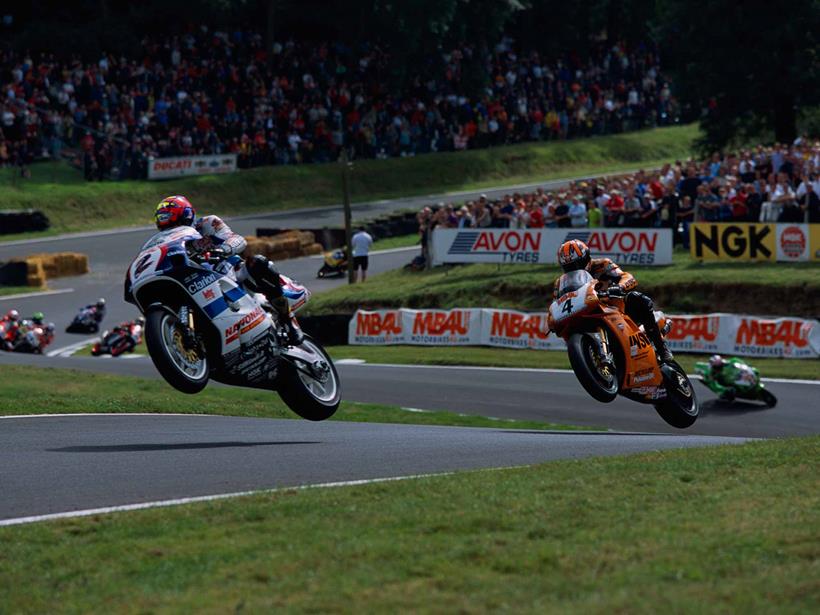 Jumping the Suzuki at Cadwell Park