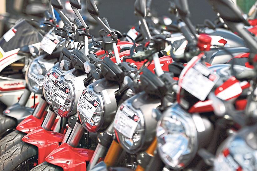 Motorbikes for sale in a dealership