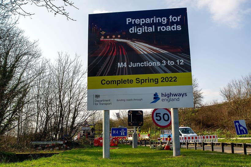 A Highways England sign detailing smart motorway plans