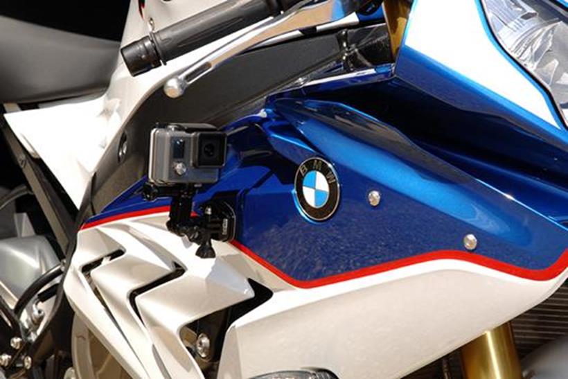 Fitting a Go Pro action camera to the bodywork of the 2015 BMW S1000RR superbike