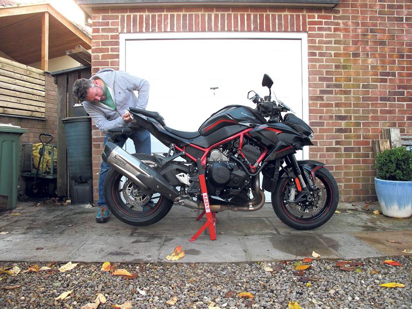 Kawasaki Z H2 propped up on paddock stands