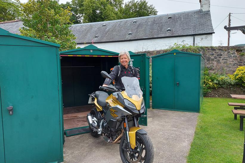 Parking the BMW F900XR TE in a motorcycle garage