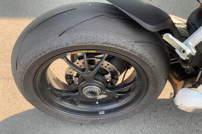 A rear tyre shot on the Ducati Streetfighter V4 S