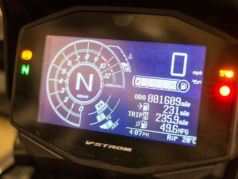 A view of the dash on the Suzuki V-Strom 1050 XT