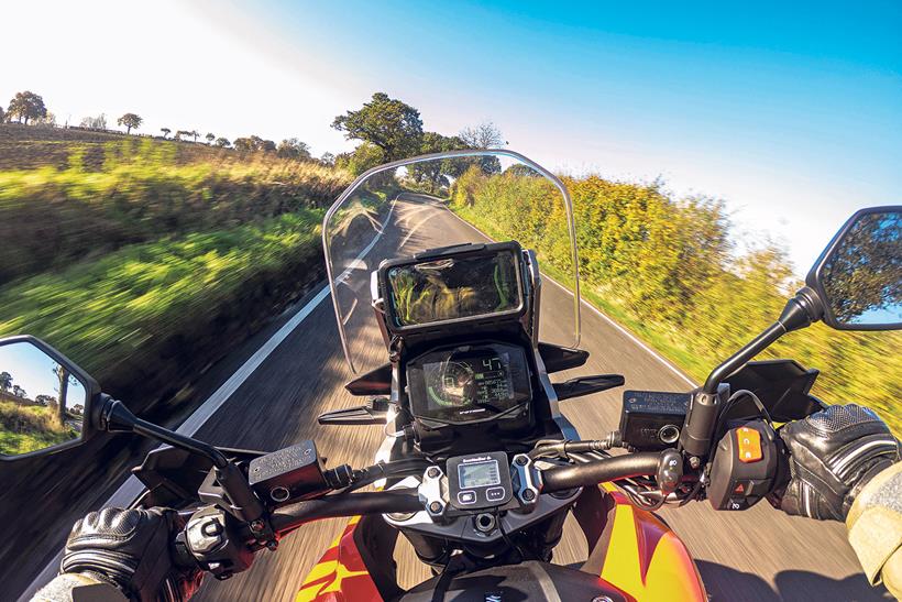 An onboard shot of the Suzuki V-Strom 1050XT