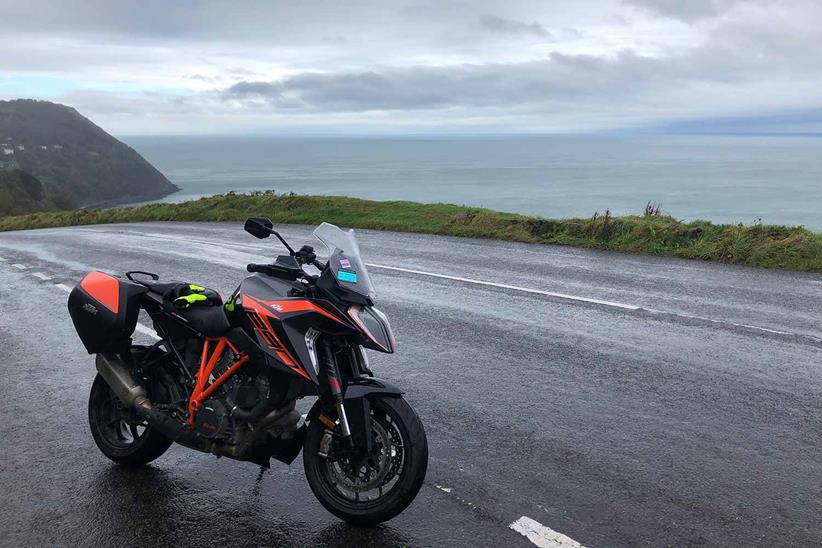 The KTM 1290 Super Duke GT parked up on the A39 in Devon