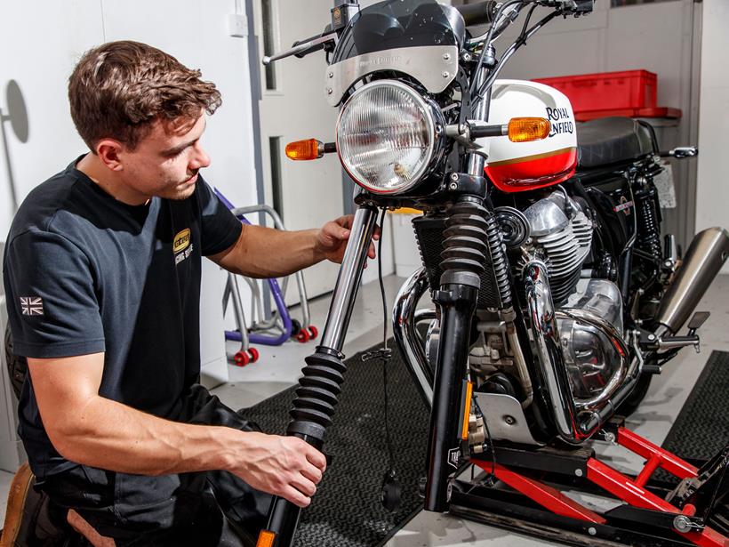 Royal Enfield Interceptor 650 K-Tech suspension being fitted by one of the firm's experts